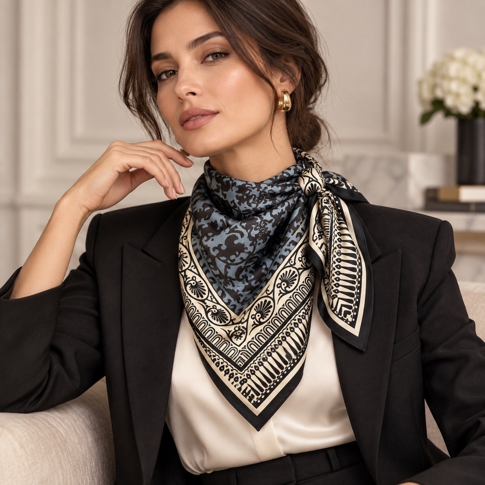 Cejon Damask Scroll Square Scarf Women Blue Black Cream Silk Feel Classic Chic